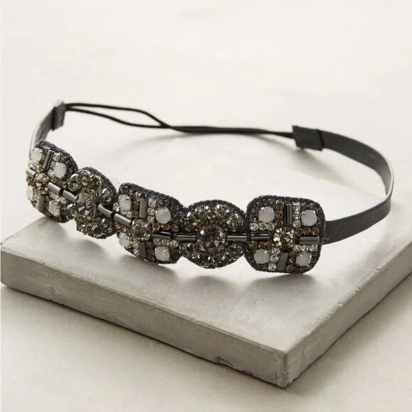 Anthropologie Gunmetal Grey Leather Medallion Crystal Elastic Statement Headband
